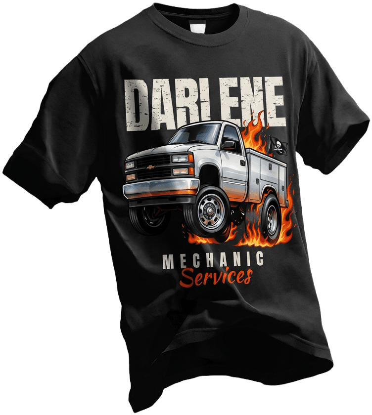 Black t-shirt printed with the Darlene Mechanic Services artwork