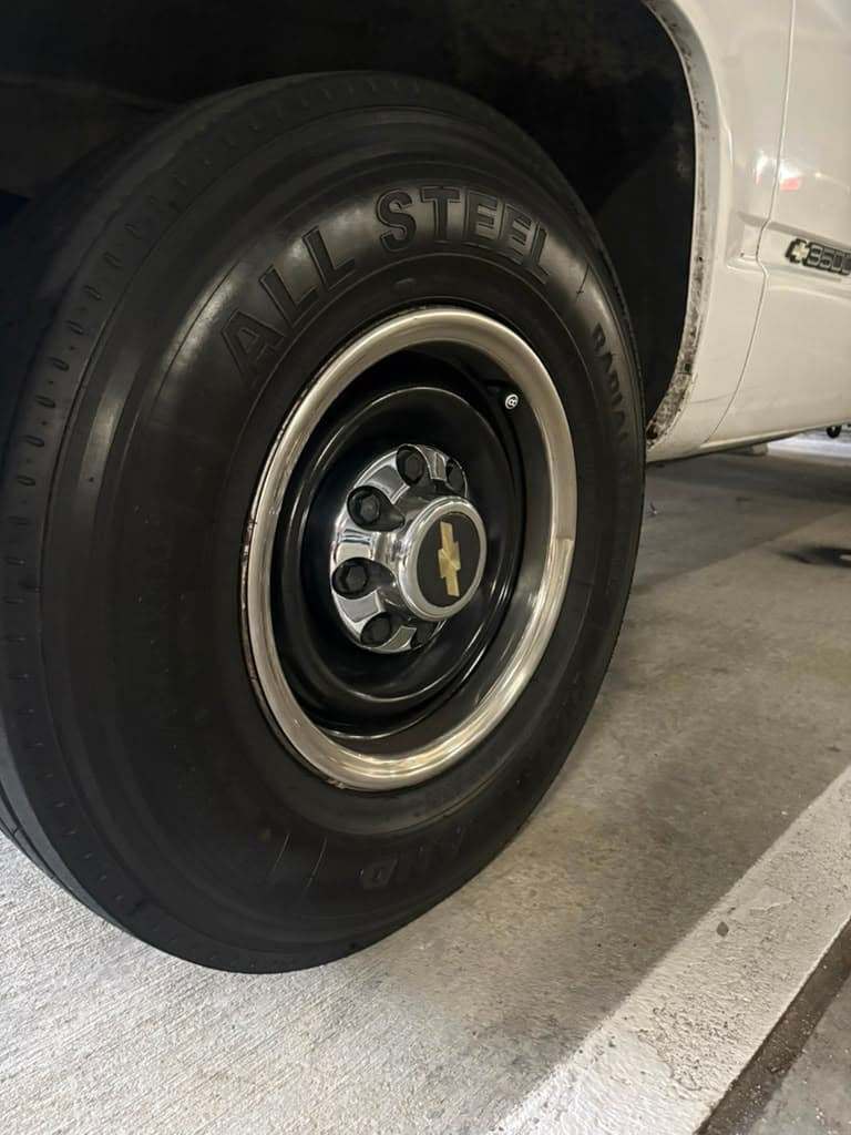 Steel wheel with a polished trim ring on the C3500